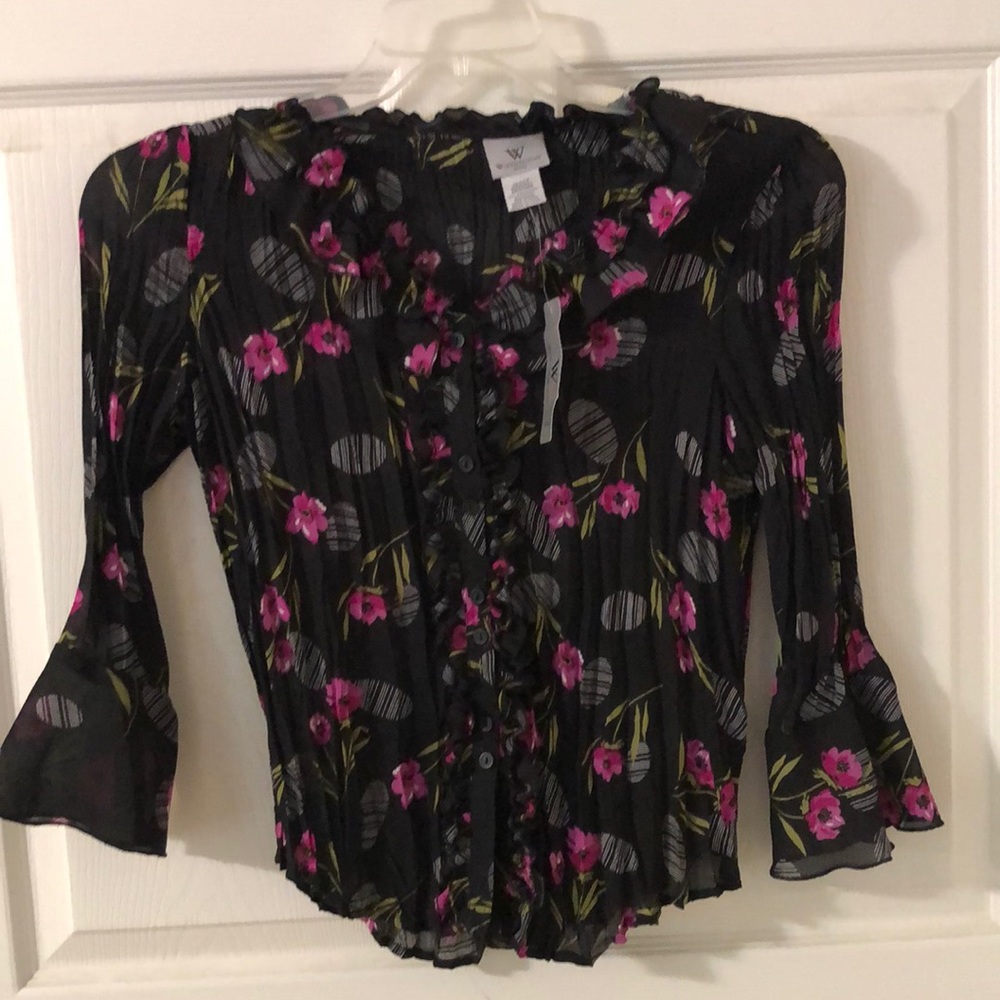 Worthington sheer black floral print blouse. Size petite medium. New with tags.